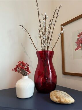 Red and White Tabletop decor Dried floral shelf decor Red vase faux cattails.